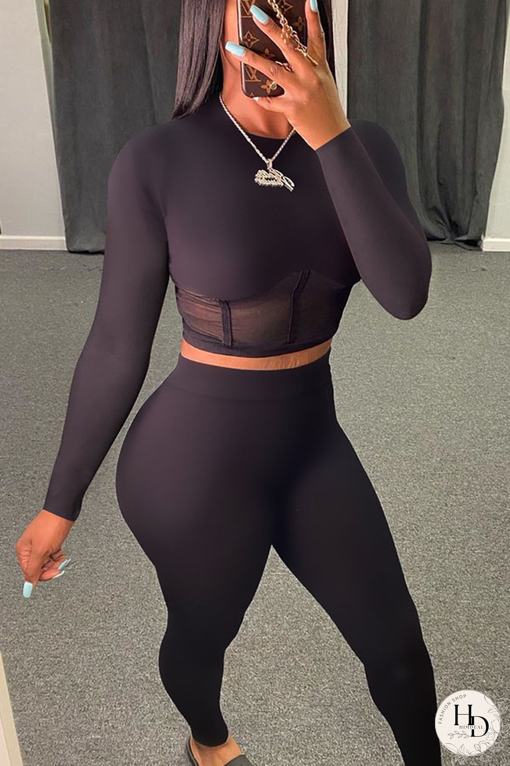 Black Cotton Blends Sexy Patchwork Solid Mesh pencil Long Sleeve Two Pieces