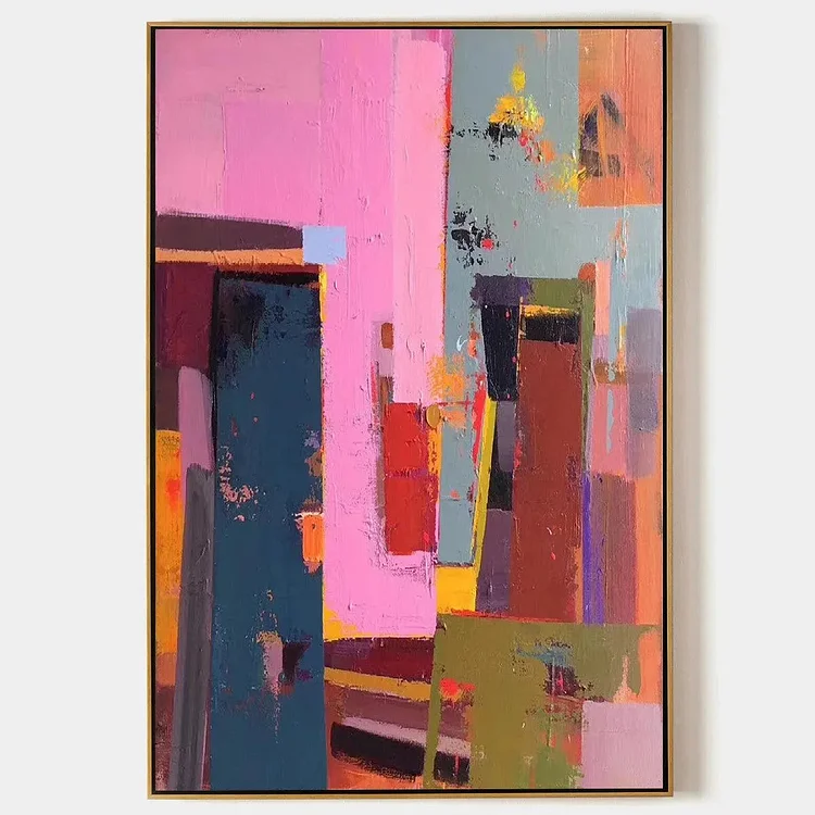 PINK CITY ABSTRACT: Colorful Abstract City Painting, Vertical Wall Art（Canvas painting）