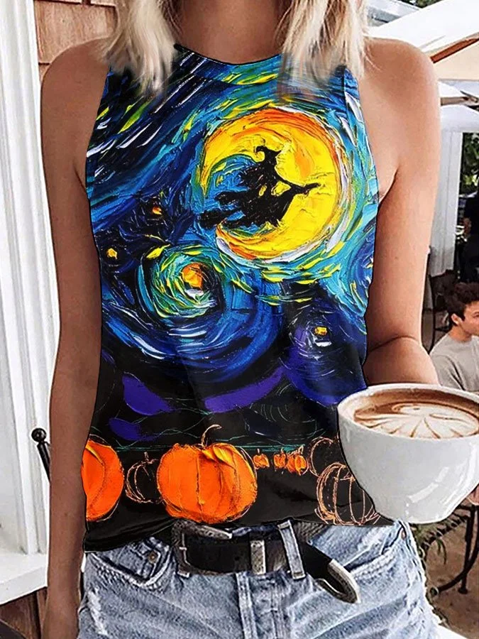 Women's Van Gogh Star and Sky Witch Print Crew Neck Tank Top
