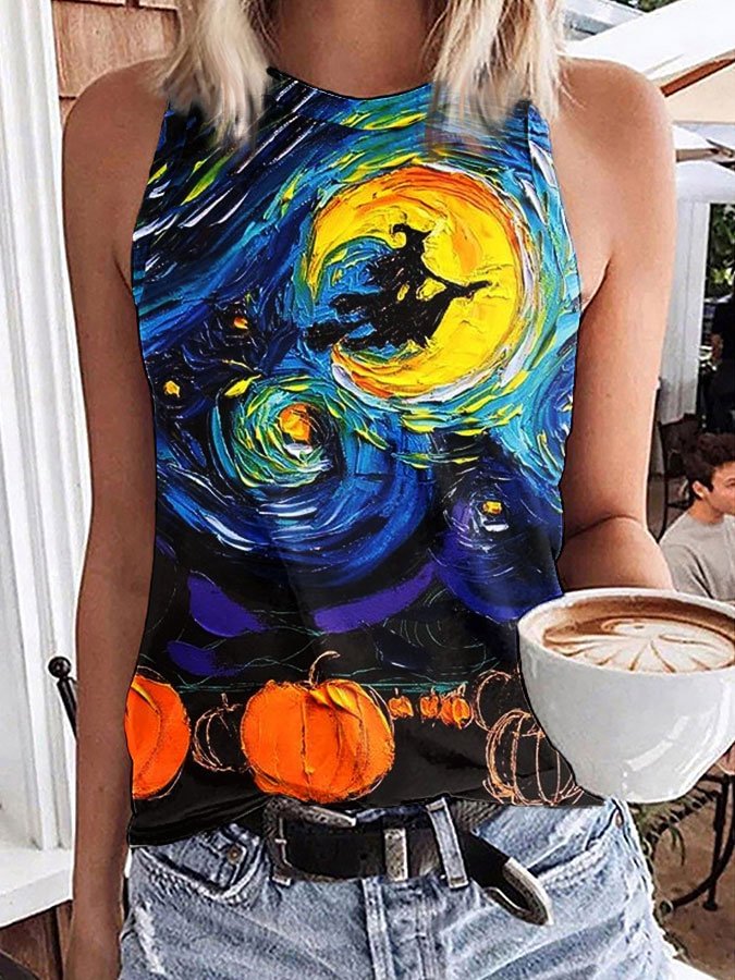 Women's Van Gogh Star and Sky Witch Print Crew Neck Tank Top