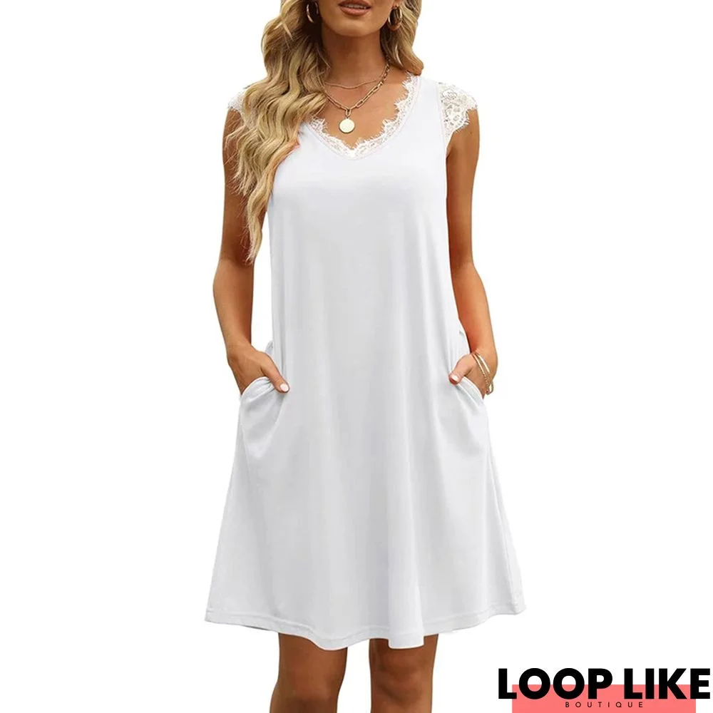 Lace Stitched V-Neck Dress Women's Solid Skirt White Dresses