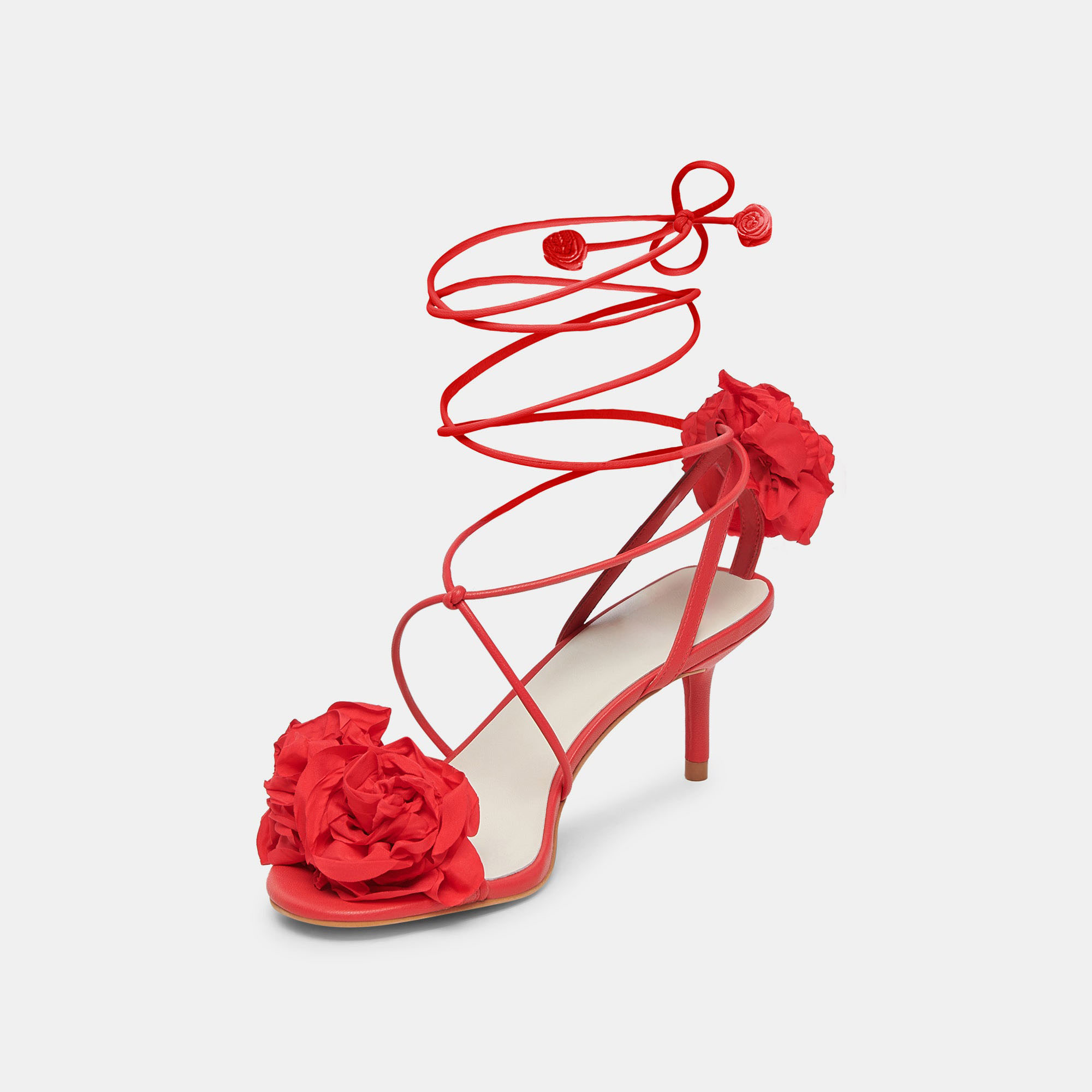 Red Open Toe Stiletto Heel Lace Up Women Sandals with Rose Embellished Nicepairs