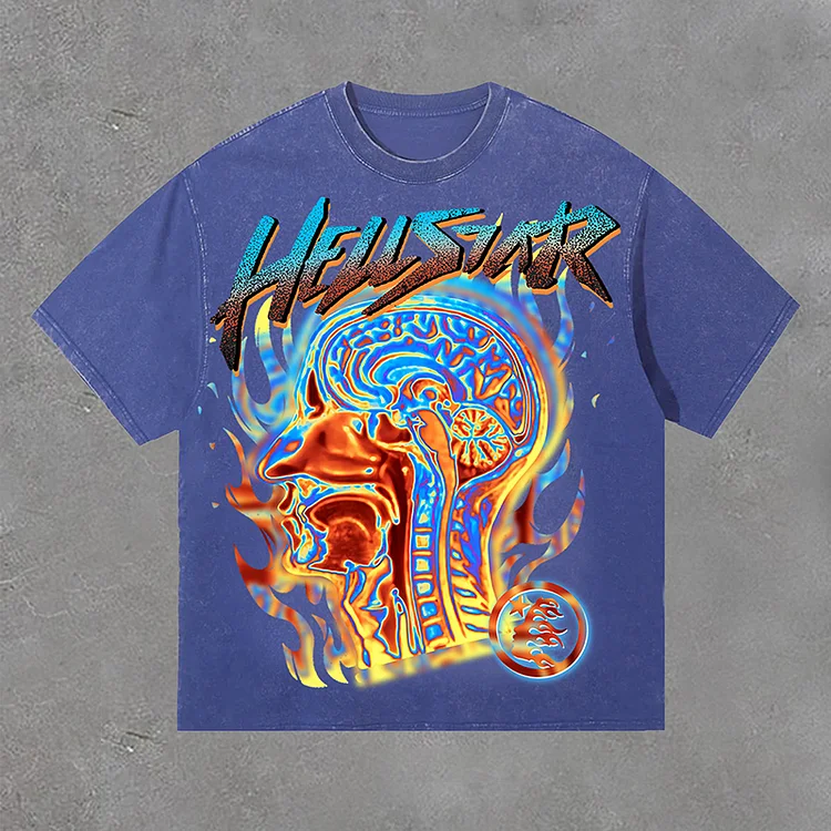 Hellstar Fun Color Flame Avatar Printing Acid Washed T-Shirt