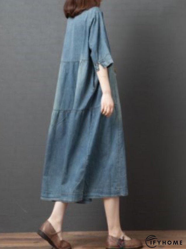 Denim Dress Casual Dress Midi Dress Denim Fashion Casual Daily Vacation V Neck Button Pocket Half Sleeve Summer Spring Fall Loose Fit Blue Dark Gray Plain M L XL 2XL for Women | IFYHOME