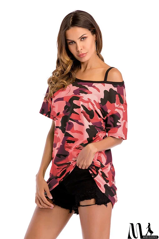 MidiSono - Camouflage Off-the-shoulder Asymmetrical Neck Tee