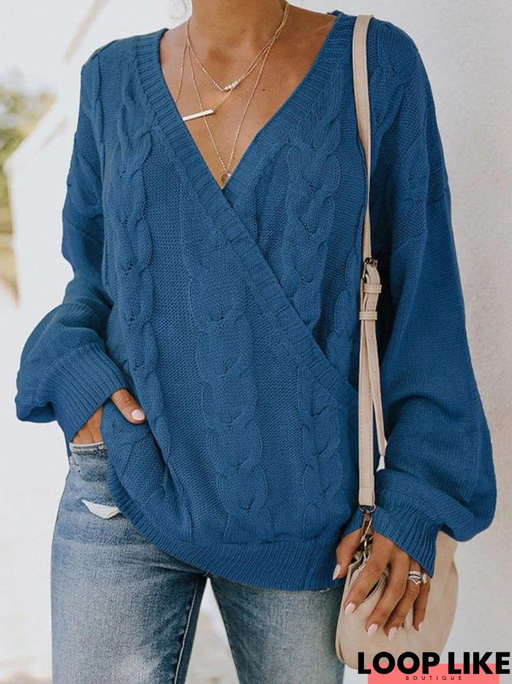 Casual V-Neck Long Sleeve Solid Sweater