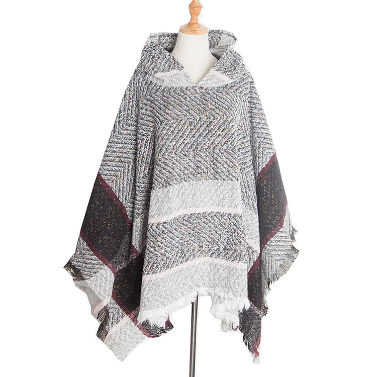 VChics Vintage Herringbone Hooded Pullover Poncho