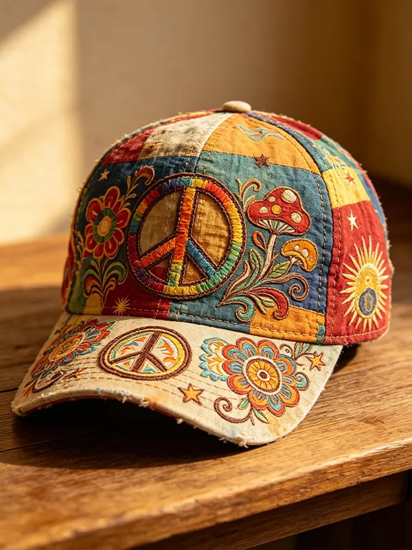 Peace Sign Caps Men's Boho Hippie Peace Sign Flower Mushroom Patchwork Print Baseball Cap
