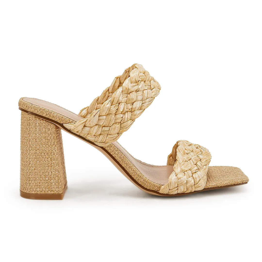 Women's Backless Square Open Toe Block Strappy Braided Heeled Sandals Yellow-vocosishoes