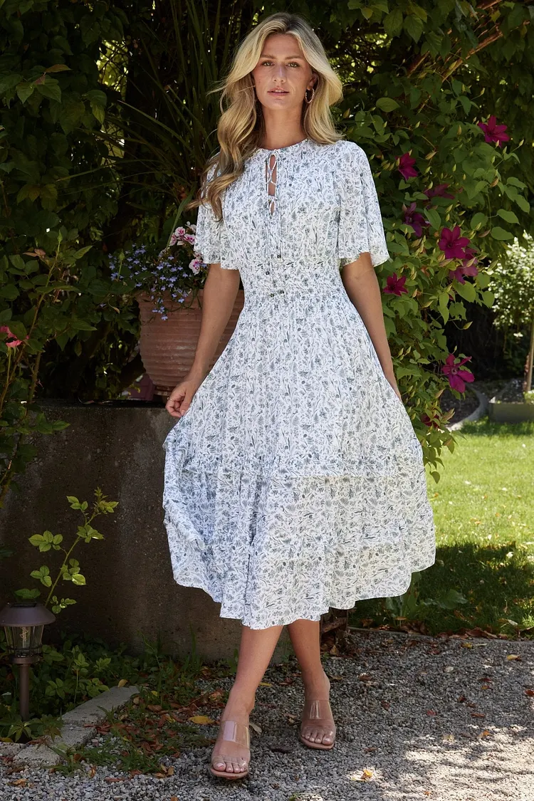 Boho Floral Midi Dress - White and Sage