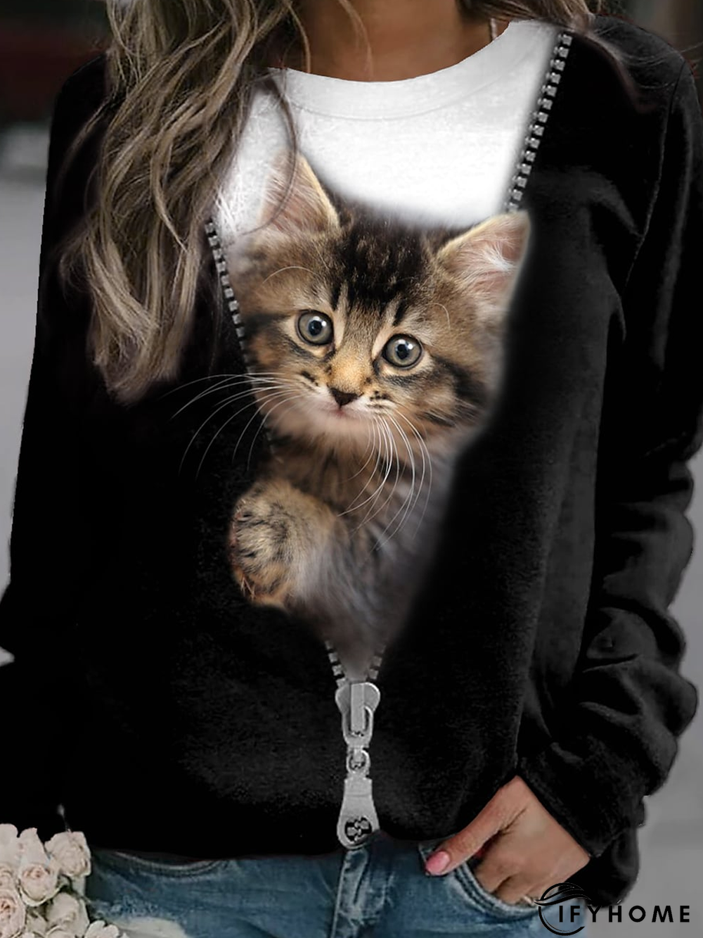 Cat Loose Crew Neck Casual Sweatshirt | IFYHOME