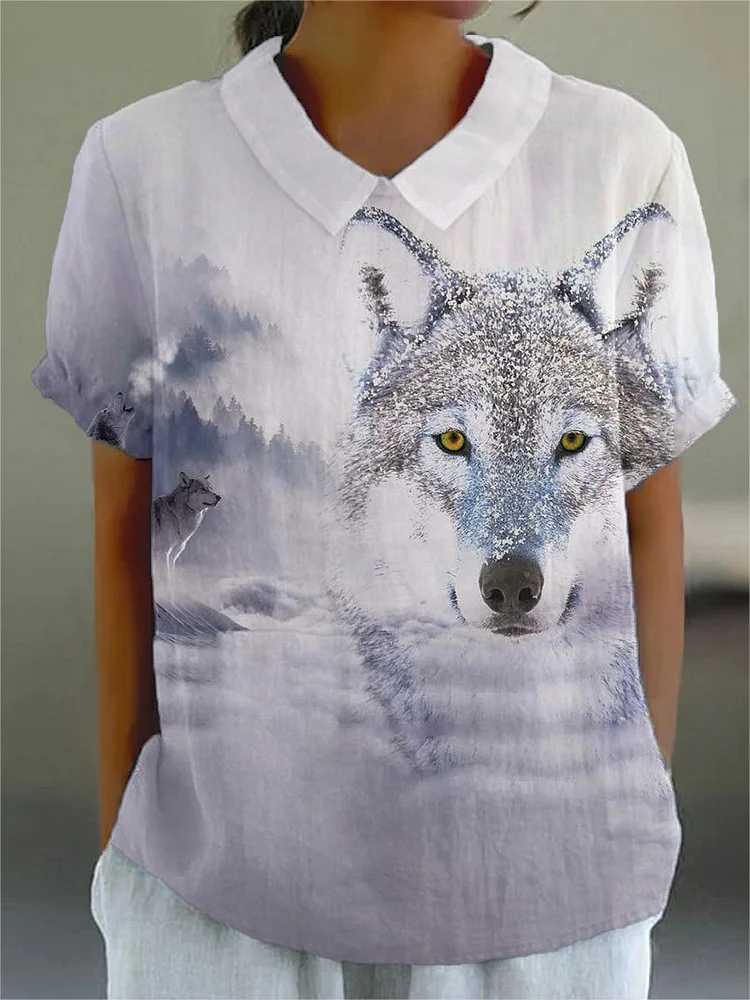 Women's Wolf Print Casual Cotton And Linen Shirt