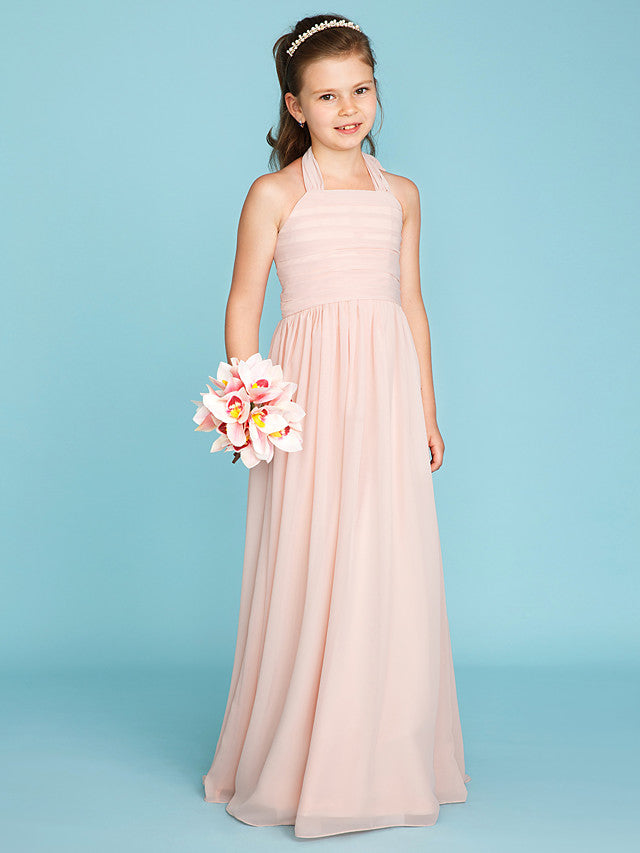 Oknass Princess A-Line Halter Neck Flower Girl Dress Floor Length Chiffon With Pleats Ruched