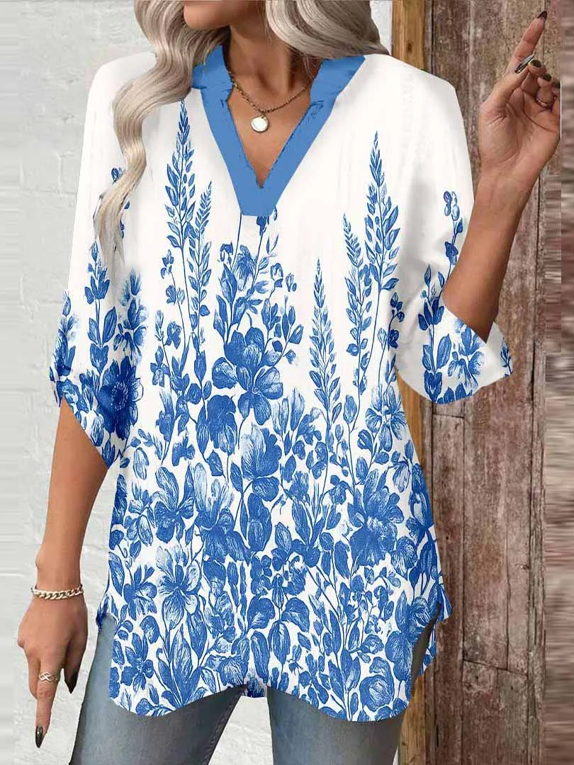 Women Floral, Blue DZGA0500 3/4 Sleeve V-neck Printed Graphic Button Tops