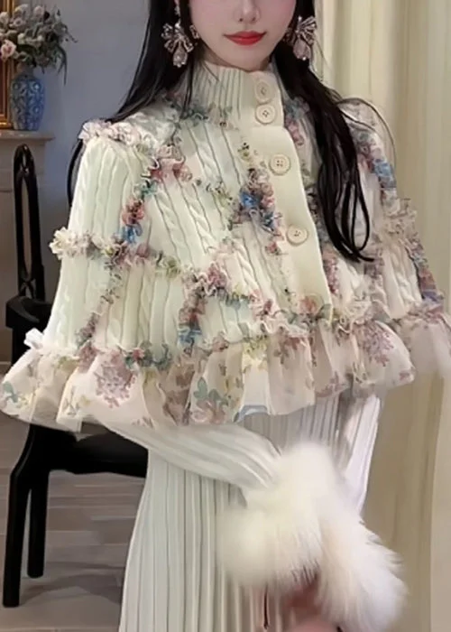 Classy White Ruffled Patchwork Cape And Dress Knit Two Pieces Set Spring