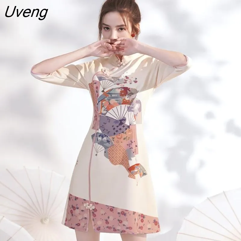 Uveng Women Dresses Vintage Printed Stand Collar Chinese Style Spring Reformed Designs Mini Dress Retro Qipao Female Newest Vestido