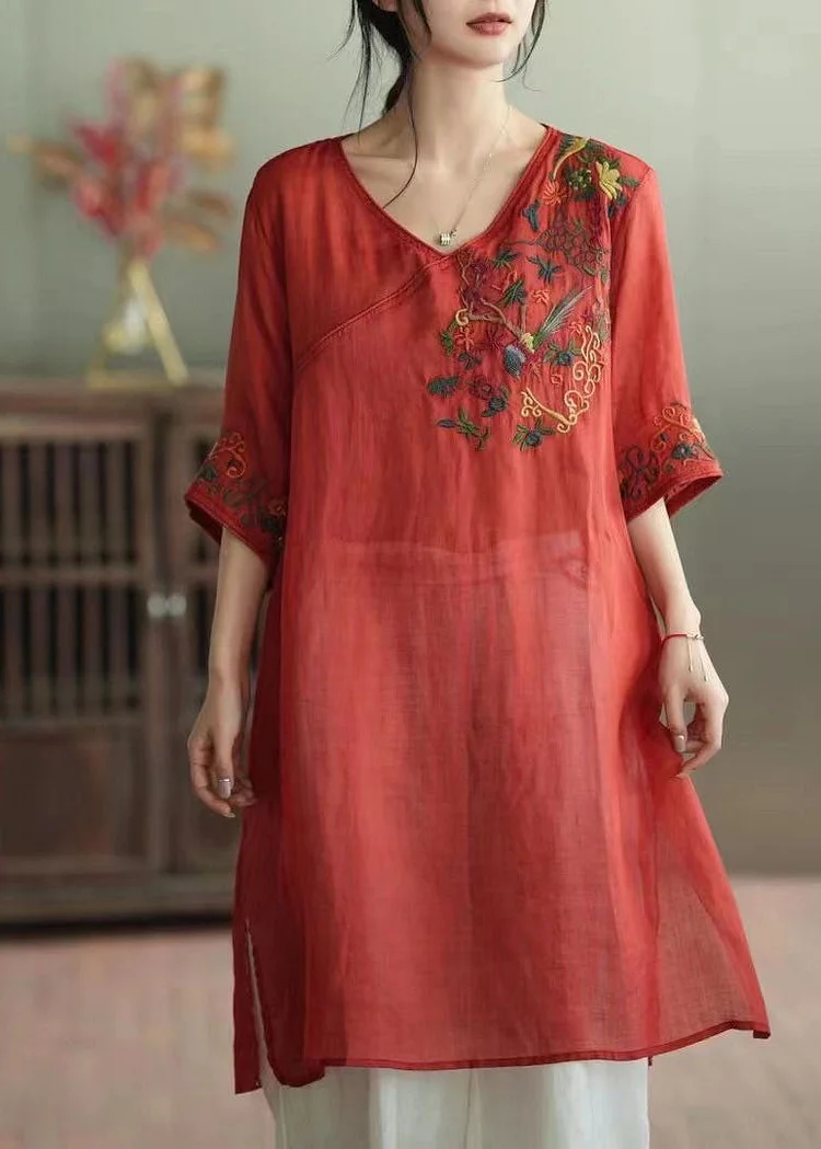Retro Red V Neck Embroideried Patchwork Linen Mid Dress Summer