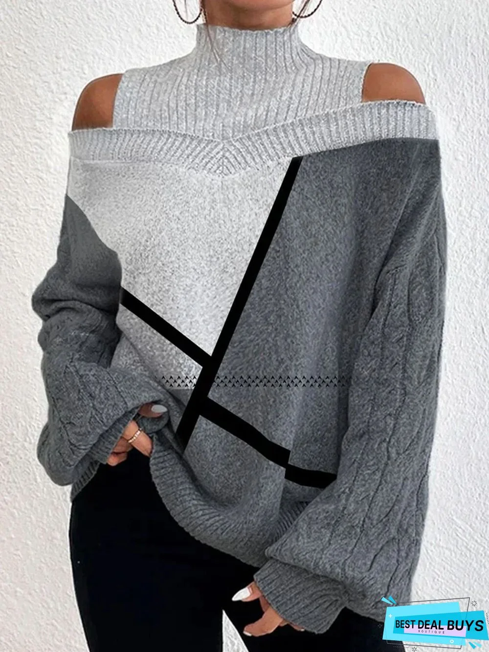 Loose Geometric Turtleneck Cold Shoulder Wool/Knitting Tunic Sweater Knit Jumper