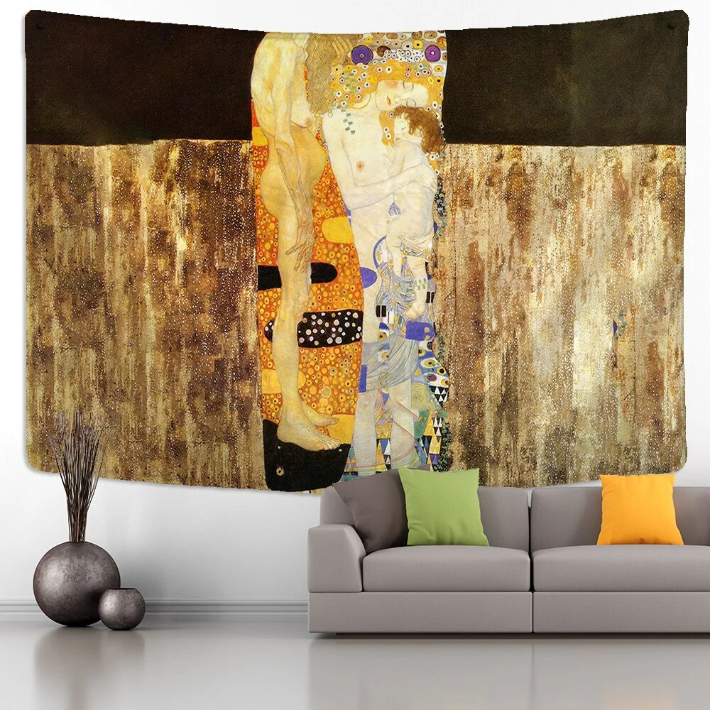 Gustav Klimt Oil Painting Tapestry Wall Hanging Kiss Of Gold Abstract Art Decoration Polyester Blanket Yoga Mat Home Bedroom Art