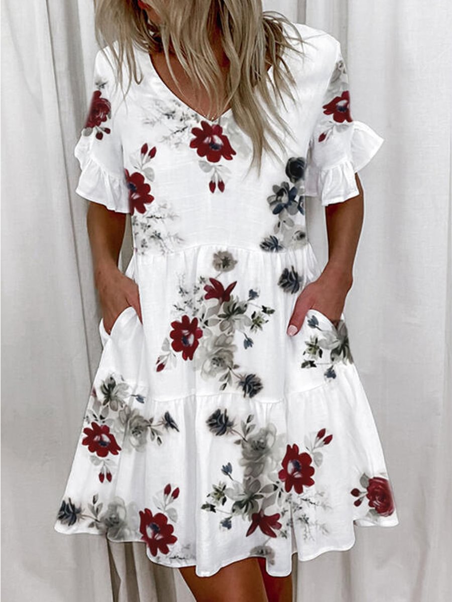 Fashion Print Ruffle Pocket Dress