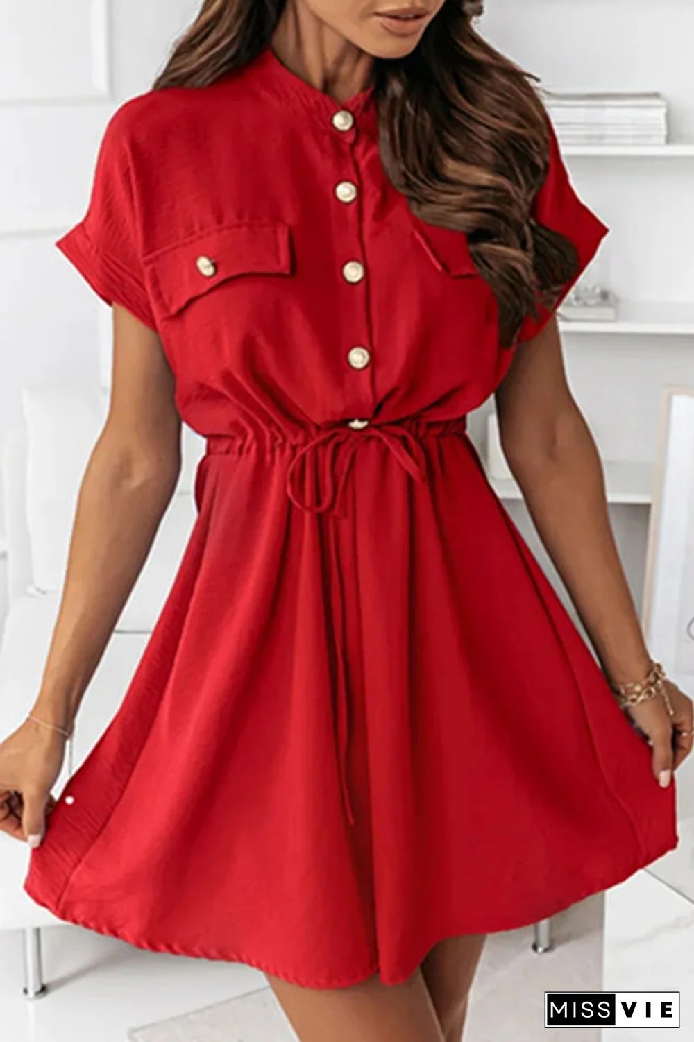 Casual Solid Draw String Buckle O Neck A Line Dresses