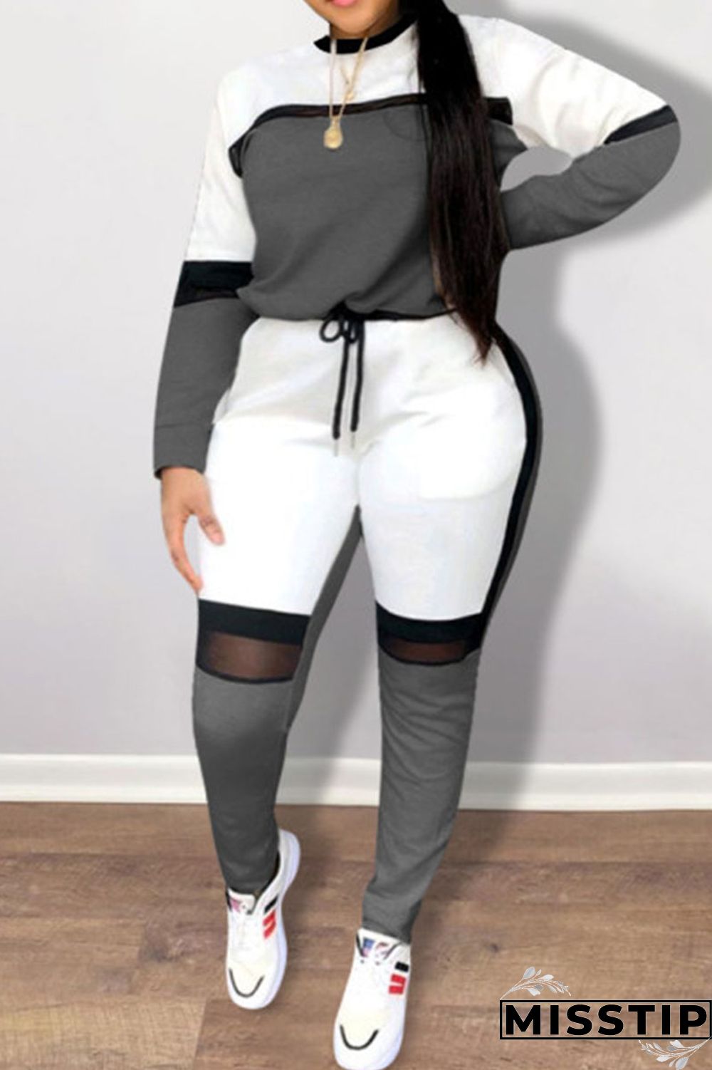 Grey Casual Sportswear Solid Patchwork O Neck Plus Size Two Pieces