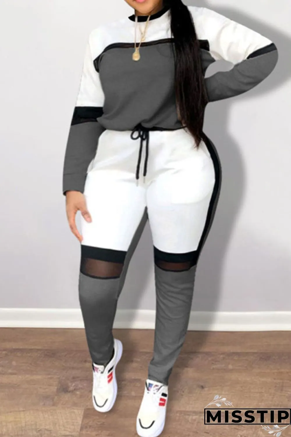 Grey Casual Sportswear Solid Patchwork O Neck Plus Size Two Pieces