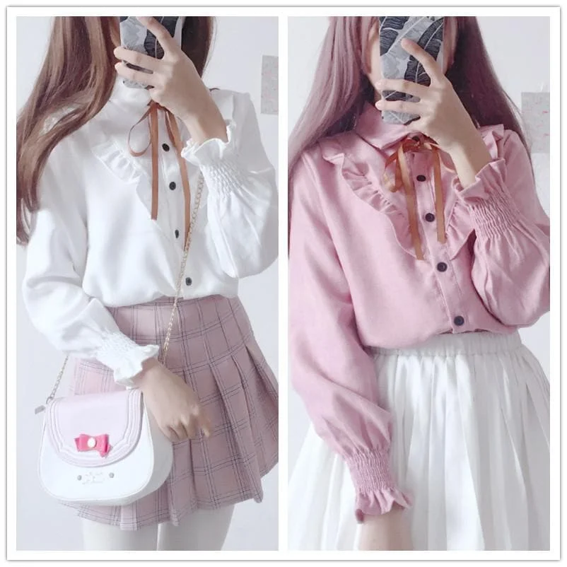 White/Pink Sweet Loose Long Sleeves Shirt SP1811758