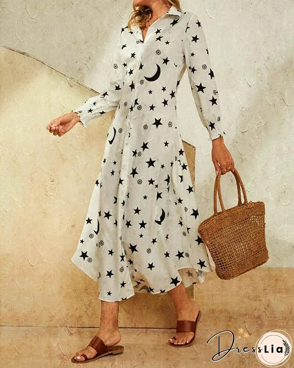 Leaves Print Lapel Button Long Sleeve Maxi Shirt Dress
