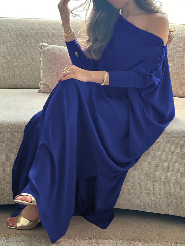 H-Line Loose Buttoned Solid Color Maxi Dresses BLUE-M