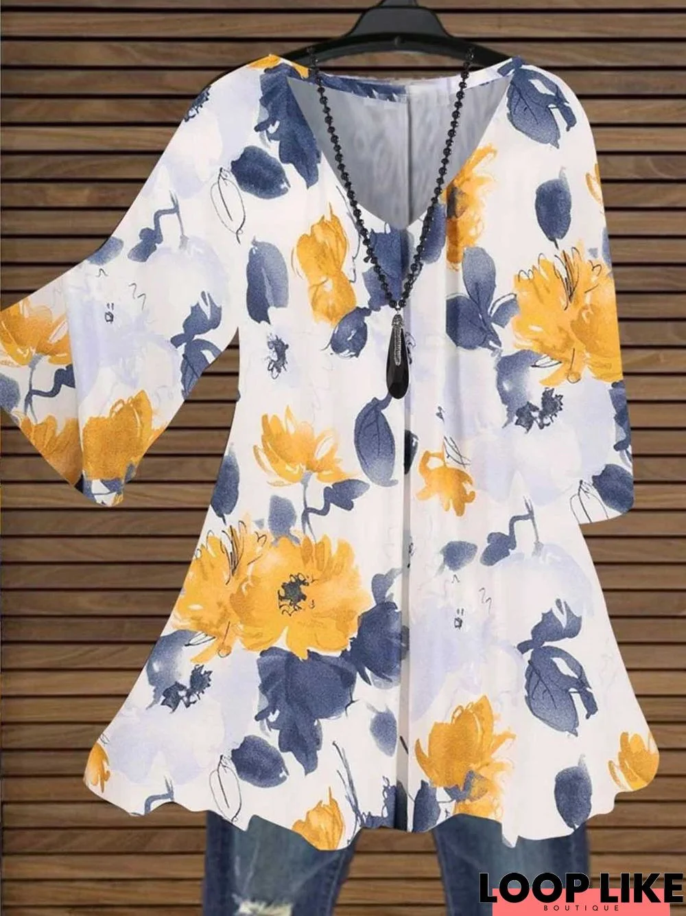 3/4 Sleeve V Neck Cotton Floral Tops