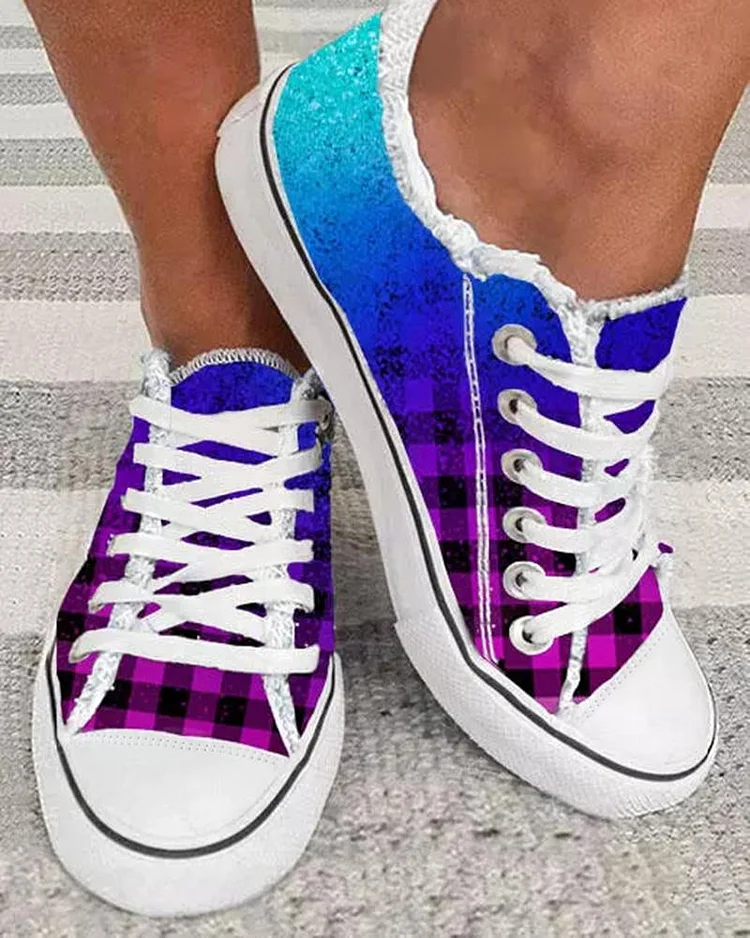 Gradient Plaid Frayed Lace Up Canvas Sneakers