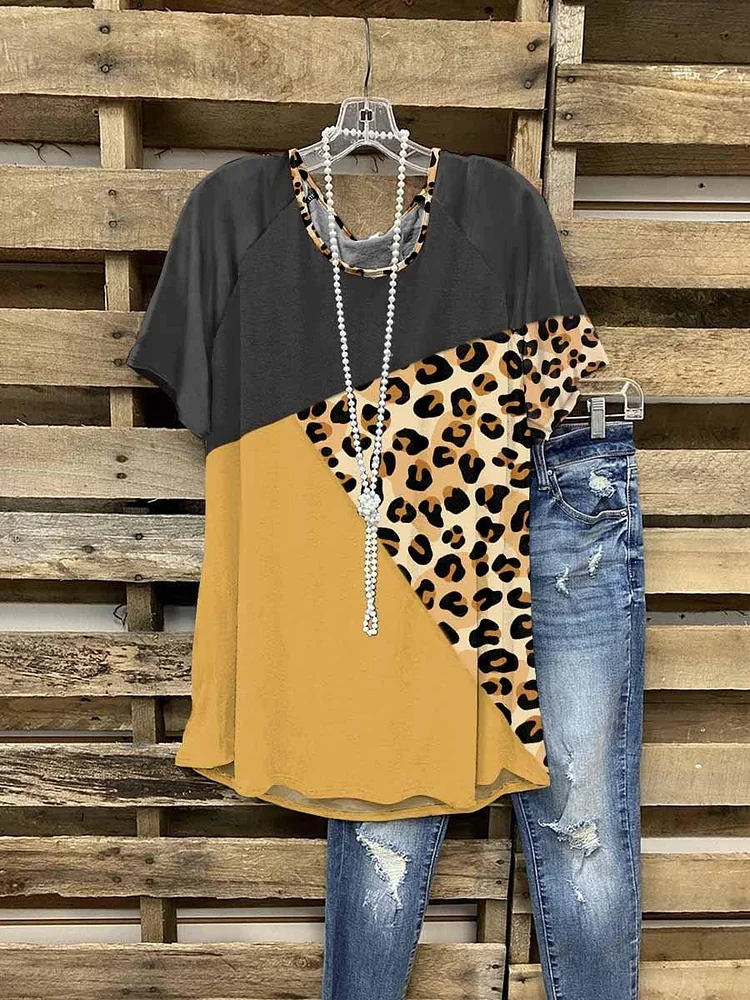 Women's Leopard Cotton Casual Crew Neck Shirt & Top