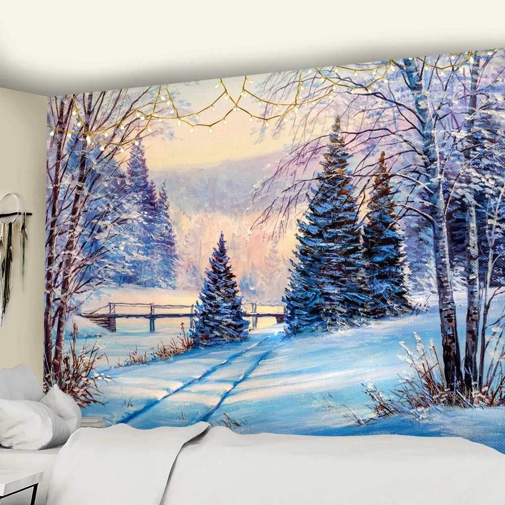 Christmas Village Wooden House Tapestry Ice And Snow Style Wall Hanging Merry Christmas Tapestry For Home Deco Christmas Gift