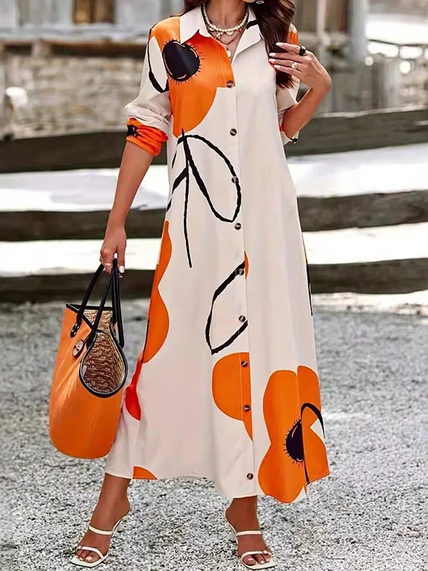 Long Sleeves Loose Buttoned Pockets Split-Side Lapel Maxi Dresses Shirt Dress main image 1