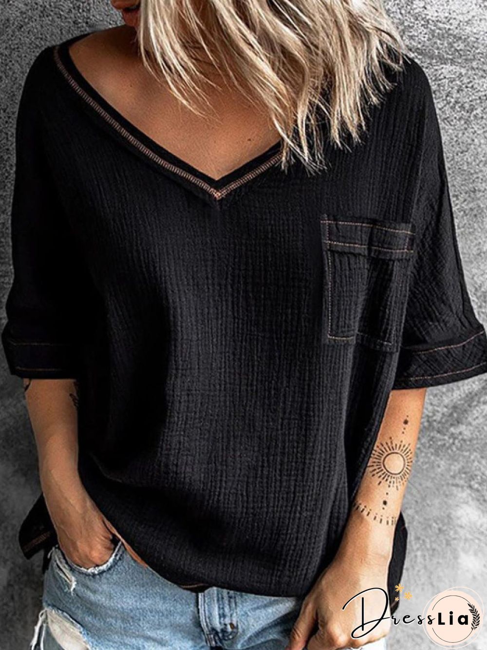 V-neck Solid Color Loose Casual Short-sleeved Blouse Linen