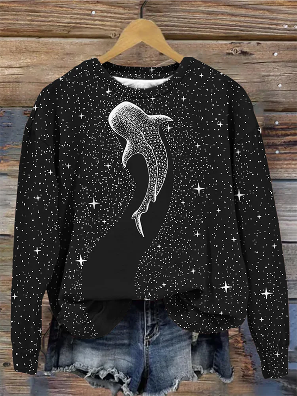 Women's Starry Whale Art Printed Crew Neck Comfy Sweatshirt