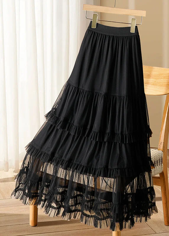 Casual Black Ruffled Elastic Waist Tulle Long Cake Skirts