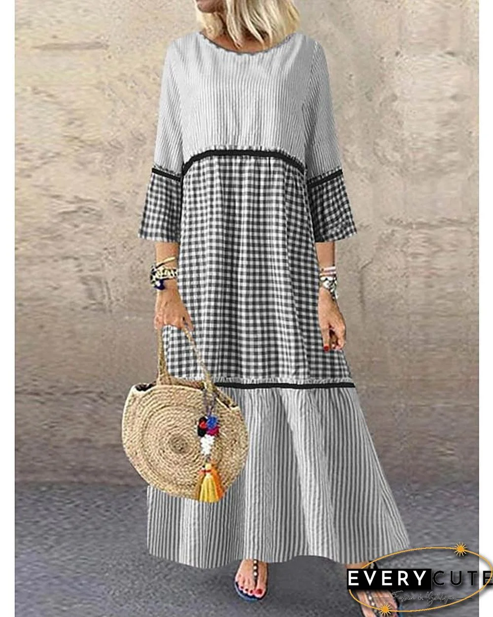 Women's Shift Dress Maxi long Dress Long Sleeve Striped Patchwork Summer Hot Casual Cotton Black Blue M L XL XXL 3XL 4XL 5XL