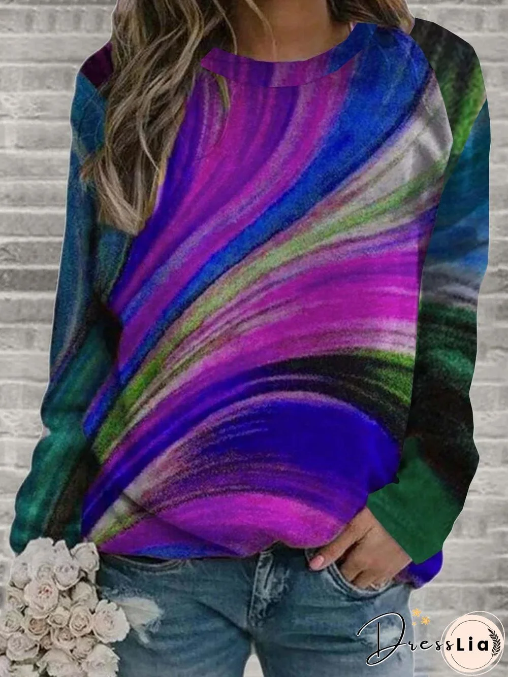 Women's Dye Printed Long Sleeve Round Neck Casual Loose Pullover Tops