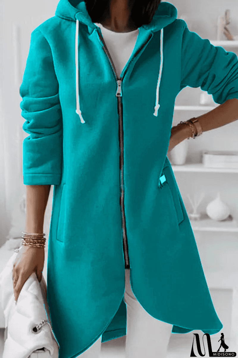 MidiSono - Casual Solid Draw String Zipper Hooded Collar Outerwear(8 Colors)