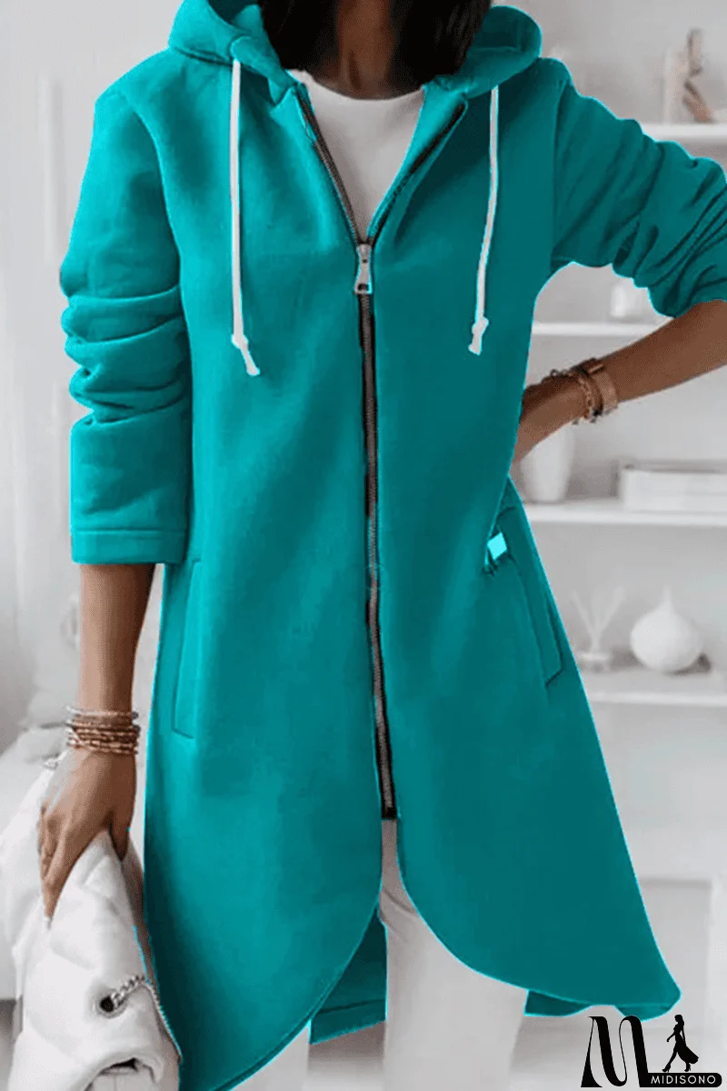 MidiSono - Casual Solid Draw String Zipper Hooded Collar Outerwear(8 Colors)