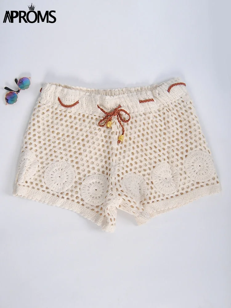 Aproms Solid Color Cotton Knitted Crochet Shorts Women Fashion 2022 Summer Elastic Drawstring Waist Shorts Beachwear Bottoms