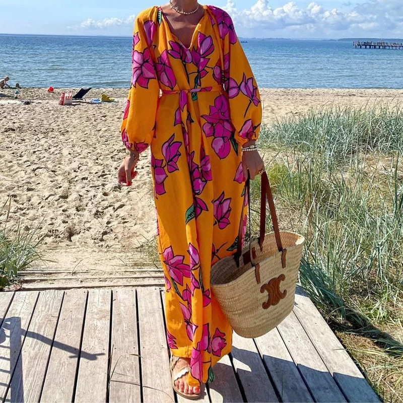 Toloer Toloer Spot Spring 2024 New Ladies Fashion Print V-Neck Leisure Resort Beach Dress-Outfit Ideas