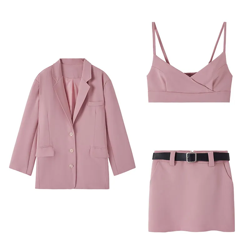 Chic Lapel Blazer Cami Belted Skirt Three Pieces