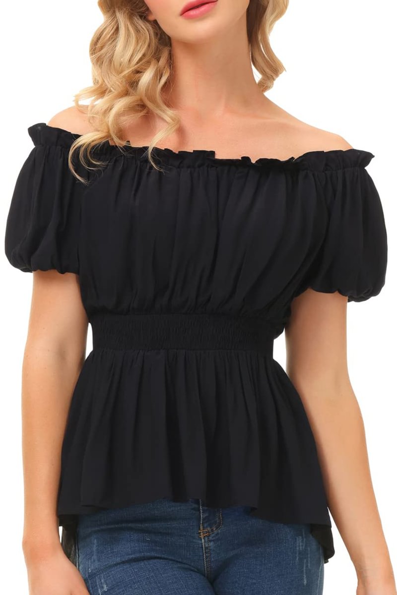 1950s Black Casual Off Shoulder Ruched Gridle Blouses [Pre-Order]