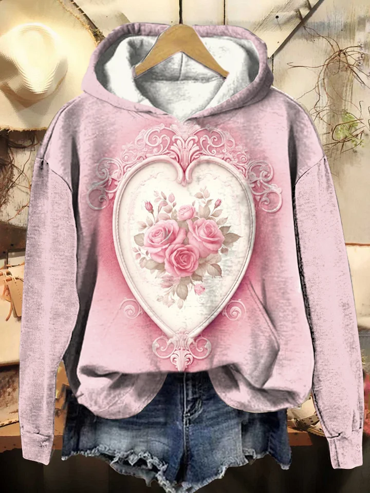 Vintage Valentine's Day Love Floral Print Hooded Sweatshirt
