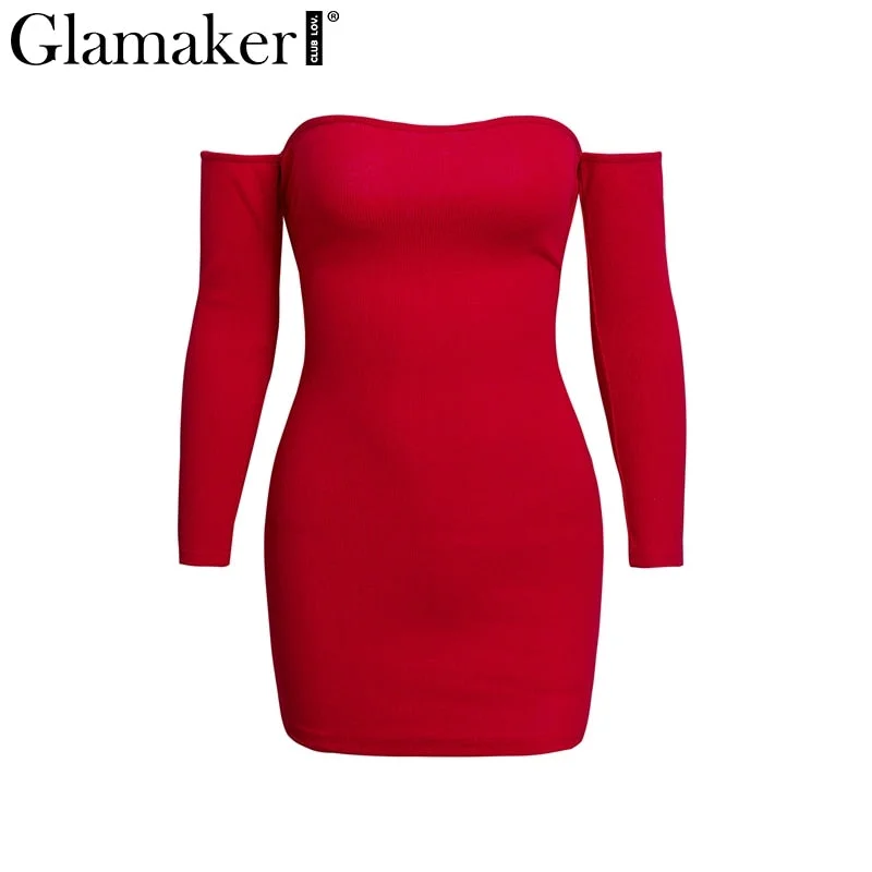 Glamake Red off shoulder bodycon dress Women backless lace up mini sexy dress elegant Female summer party club dress vestido