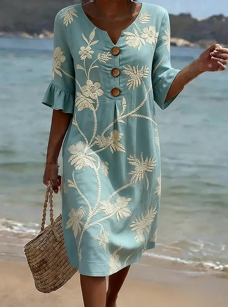 Women's Floral Print Casual Cotton-Linen Dress