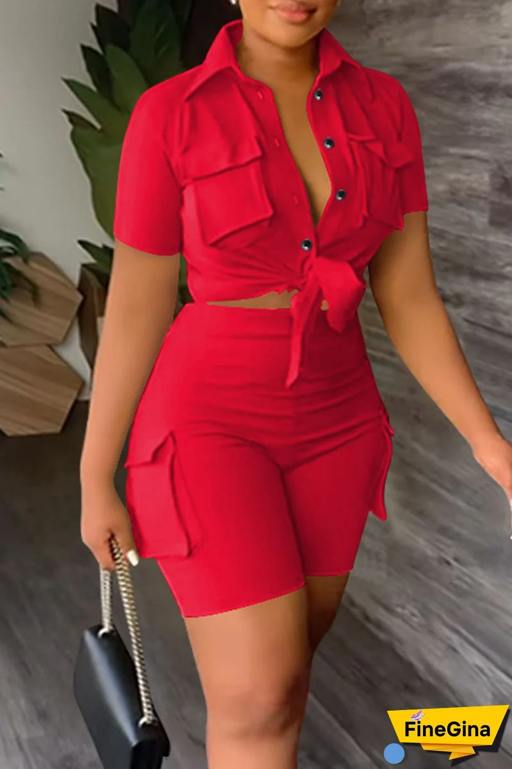 Red Casual Solid Bandage Patchwork Pocket Buckle Turndown Collar Short Sleeve Two Pieces